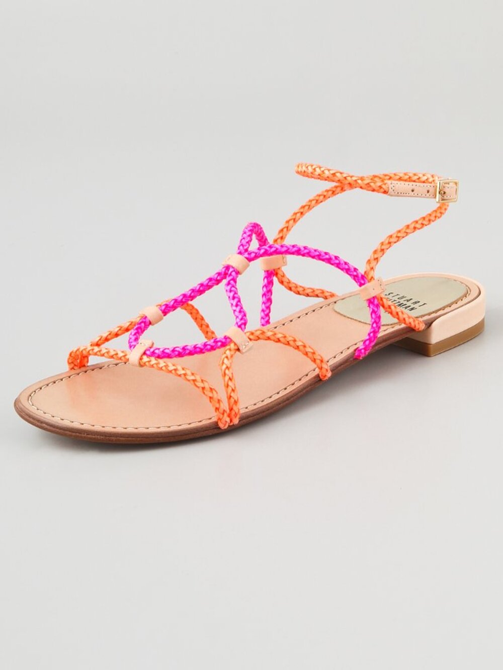 Stuart Weitzman Neon Orange and Pink Braided Gladiator Strap Leather Sandals 36